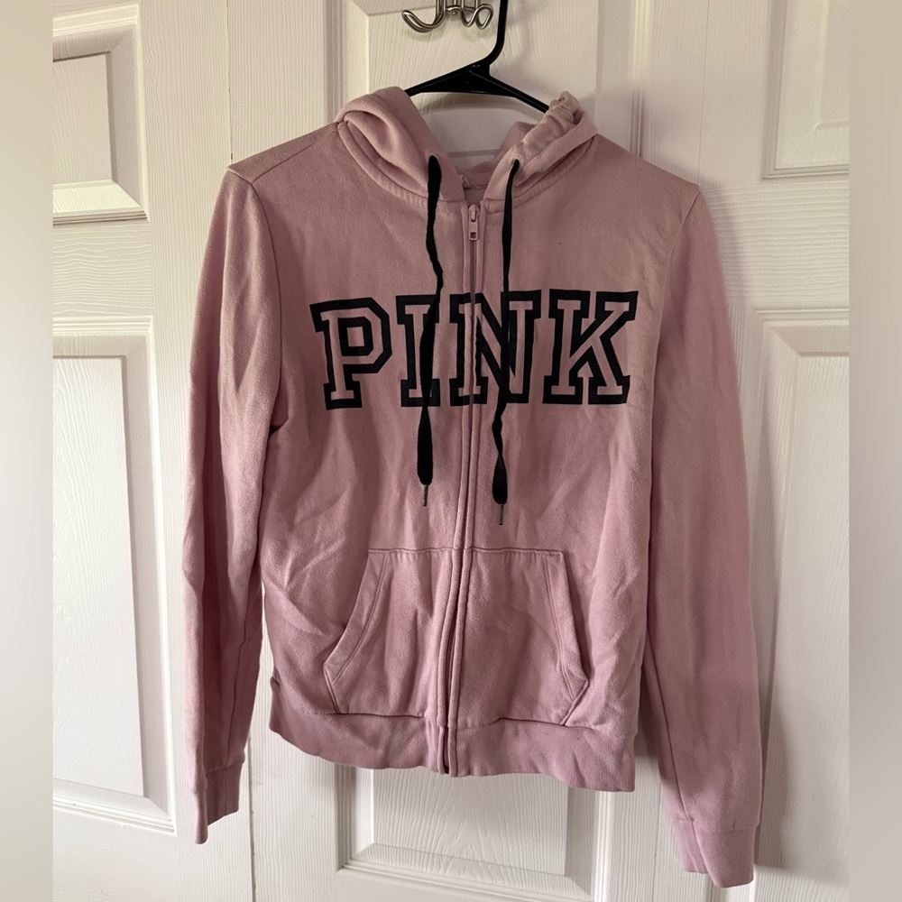 PINK Victoria's Secret Light Pink Zip Hoodie with Black Drawstrings